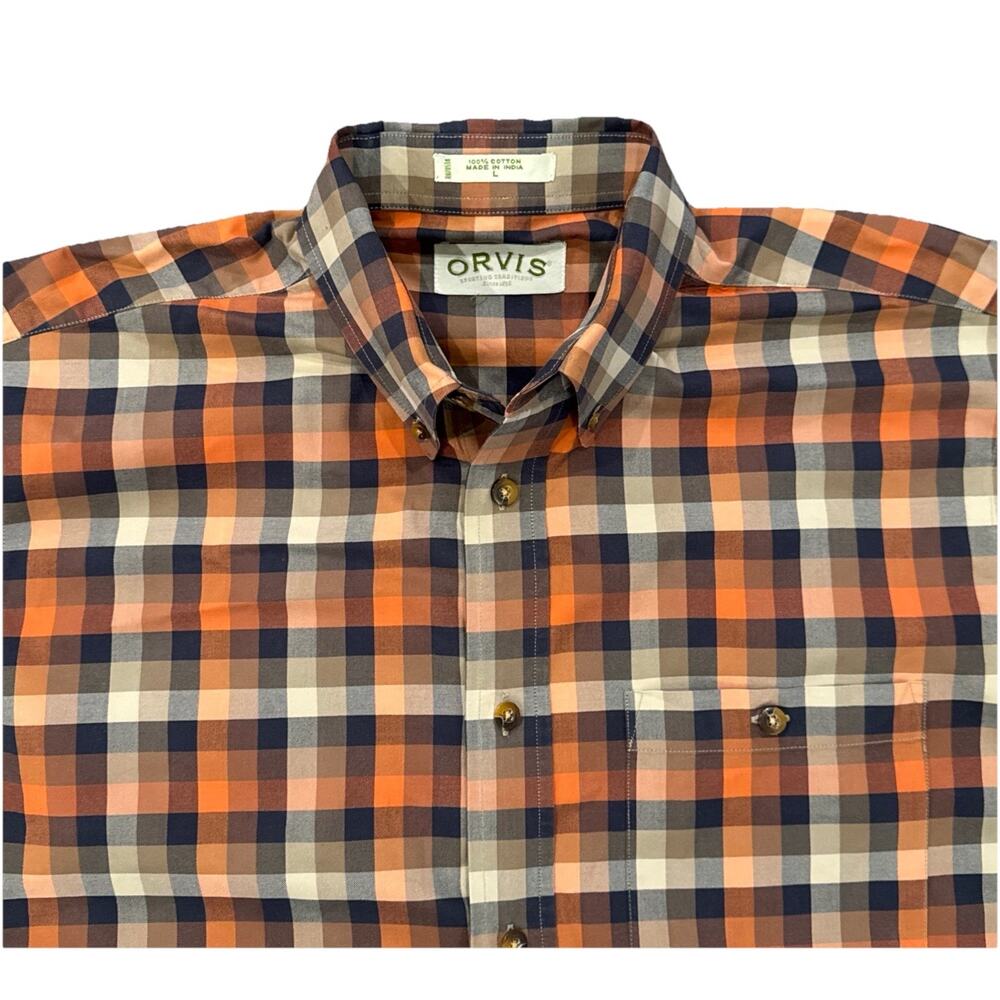 Orvis Men’s Large Plaid Shirt Orange Brown Black Long Sleeve Button Front Cotton